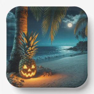 Kürbislaterne Ananas an einem Strand Pappteller