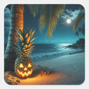 Kürbislaterne Ananas an einem Strand Quadratischer Aufkleber