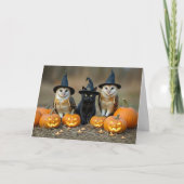 Kürbislaterne Halloween Niedlich Black Cat and Owl Karte (Vorderseite)