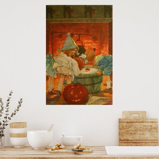 Kürbislaterne Pumpkin Bobbing Apple Black Cat Poster (Küche)