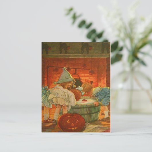 Kürbislaterne Pumpkin Bobbing Apple Black Cat Postkarte (Stehend Vorderseite)