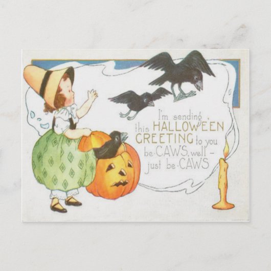 Kürbislaterne Pumpkin Ghost Crow Candle Girl Postkarte (Vorderseite)