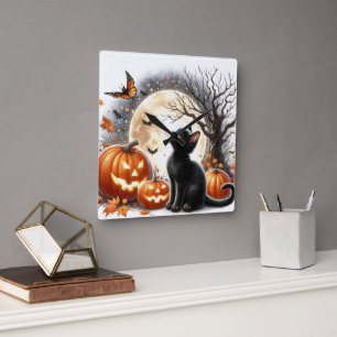 Kürbislaterne und schwarze Katze Halloween-Wanduhr Quadratische Wanduhr