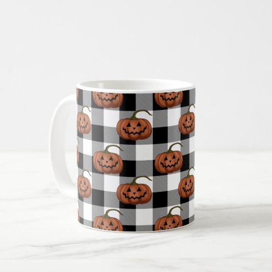 Kürbislaternen auf Buffalo Karo, Halloween Kaffeetasse (Vorderseite Links)