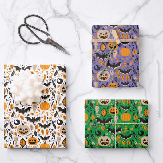 Kürbislaternen Fledermäuse Gespenster Herbst niedl Geschenkpapier Set (Vorderseite)