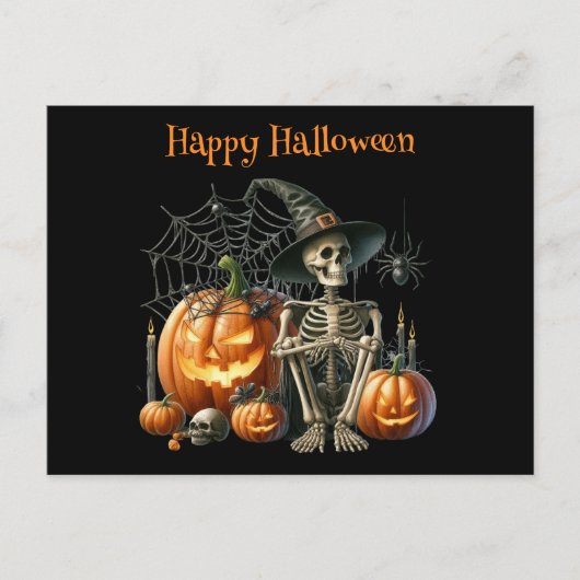 Kürbislaternen-Halloween-Postkarte mit Skelett Postkarte (Vorderseite)