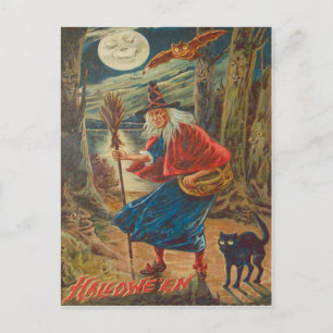 Kürbislaternen Hexe Schwarze Katze Fledermaus Mond Postkarte