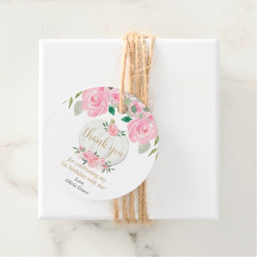 Kürbisrosa Goldfall Blumengeburt Geschenkanhänger (Beispiel)