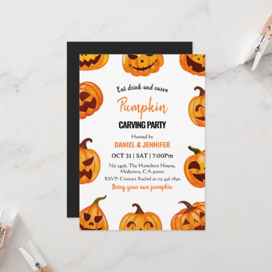 Kürbisschnitzparty Halloween Jack O Lantern Einladung (Vorderseite/Rückseite Beispiel)