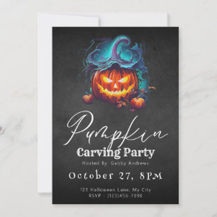 Kürbisschnitzparty mit schwarzem Jack-O' Lantern Einladung
