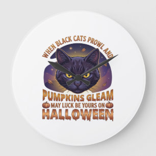 Kürbisse Glänzen Halloween Schwarze Katze Fallende Große Wanduhr