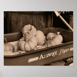 Kürbisse in einem alten Wagen in Sepia-Herbst Poster