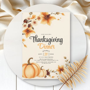 Kürbisse und Herbstblumen Thanksgiving-Dinner Einladung