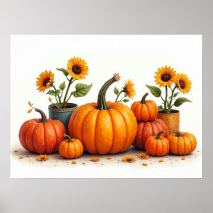 Kürbisse und Sonnenblumen, die Farben des Herbstes Poster