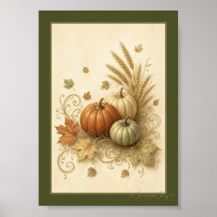 Kürbisse, Weizen und Herbstlaub Poster