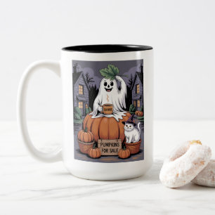Kürbisse zu Verkaufen & Kaffeegespenst & Katze V2 Zweifarbige Tasse