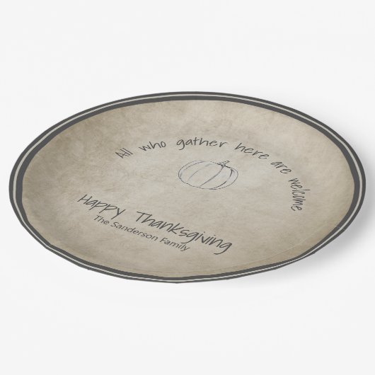 Kürbisskizze aus rustikalem Erntedank Pappteller (Schrägansicht)