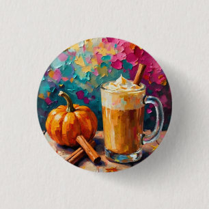 KürbisspitzLatte auf einem farbenfrohen Hintergrun Button