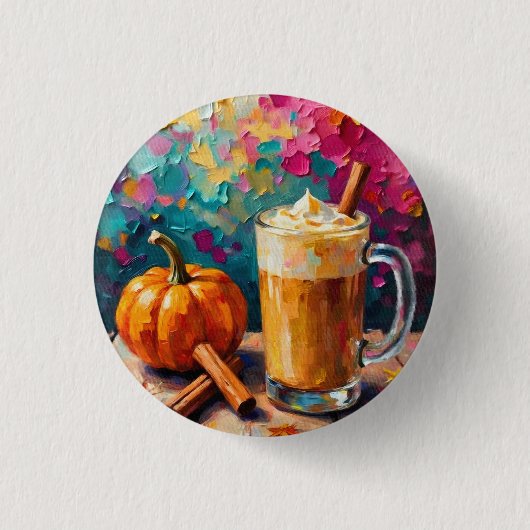 KürbisspitzLatte auf einem farbenfrohen Hintergrun Button (Vorderseite)