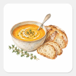 Kürbissuppe und knuspriges Brot Quadratischer Aufkleber