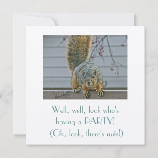 KURIOUSSQUIRREL AM ZENTRUM MIT BLICK IN DAS HAUS EINLADUNG (Vorderseite)