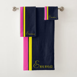 Kursiv Navy Gelb und Hot Pink Gestreift  Badhandtuch Set