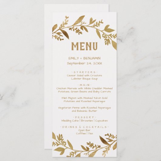 Kurve Zweige | Gold Dinner Menu Card Menükarte (Vorne/Hinten)