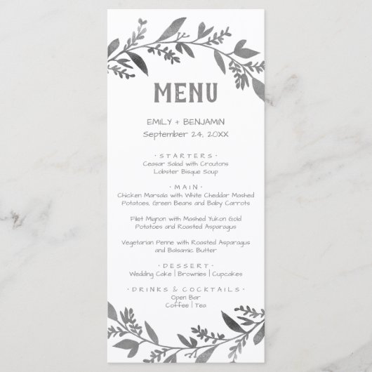 Kurve Zweige | Silver Dinner Menu Card Menükarte (Vorderseite)
