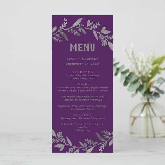Kurve Zweige | Silver Dinner Menu Card Menükarte (Stehend Vorderseite)