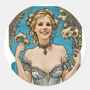 Kurze Blondine V1 Mucha Art Runder Aufkleber
