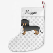 Kurze Dackel aus schwarz und tan, Hund und Name Kleiner Weihnachtsstrumpf (Rückseite)