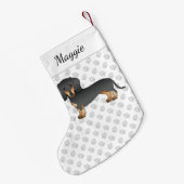 Kurze Dackel aus schwarz und tan, Hund und Name Kleiner Weihnachtsstrumpf (Rückseite (Hängend))