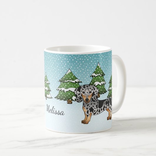 Kurze Dackel Schwarz & Tan Dapple im Winter Kaffeetasse (VorderseiteRechts)