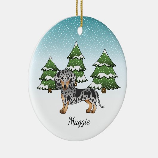 Kurze Dackel Schwarz & Tan Dapple im Winter Keramik Ornament (Rechts)