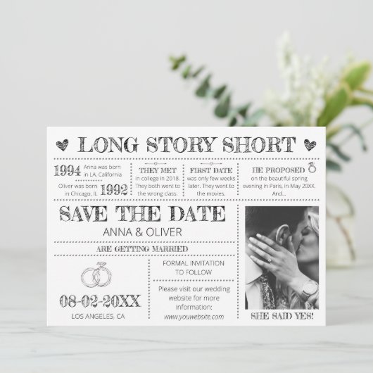Kurze Hochzeit mit langer Geschichte speichert das Einladung (Stehend Vorderseite)