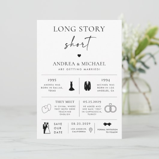 Kurze Infografiken Save the Date Hochzeit mit lang Einladung (Stehend Vorderseite)