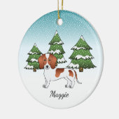 Kurzer Hufhund, Dackel gepickt, Winterwald Keramik Ornament (Links)