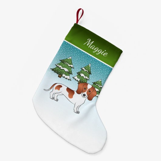 Kurzer Hufhund, Dackel gepickt, Winterwald Kleiner Weihnachtsstrumpf (Vorderansicht (hängend))