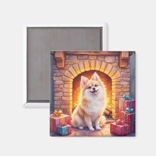Kuscheliger Pomeranian Weihnachts-Kamin-Hund Kunst Magnet