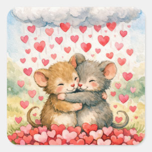 Kuschelnde Mäuse unter einer Wolke aus Herzen Quadratischer Aufkleber