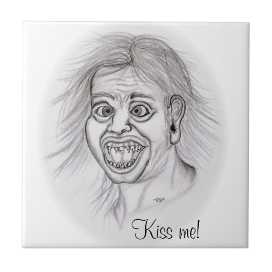 Küss mich! Stift gezeichnet Schwarzweißdesign Fliese (Vorderseite)