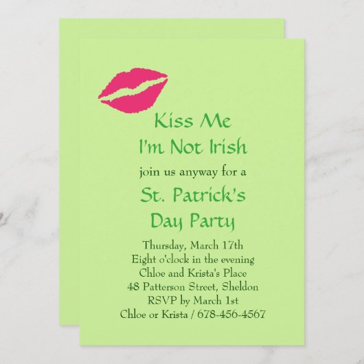 Küss mir, ich bin keine irische Party Einladung (Vorne/Hinten)
