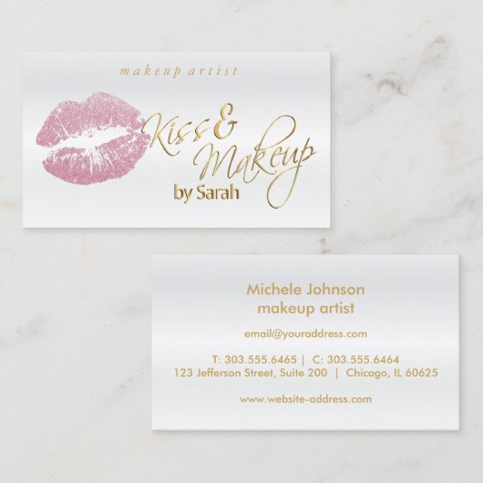 Kuss und Make-up - rosa Glitzer Visitenkarte (Vorne/Hinten)