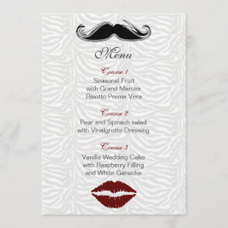 Kuss und Schnurrbart Zebrastreifen Hochzeitsmenü Menükarte
