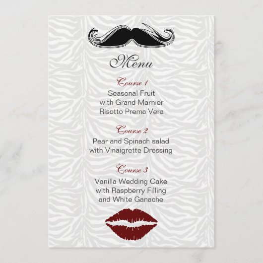 Kuss und Schnurrbart Zebrastreifen Hochzeitsmenü Menükarte (Vorderseite)