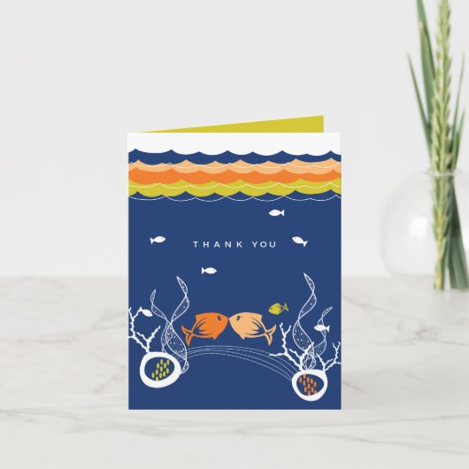 Küssen fängt Korallen an und Hochzeiten in blauen Dankeskarte (Vorderseite)