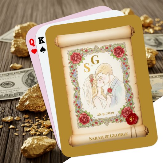Küssen Mit Monogramm, Gold, Hochzeitscroll Spielkarten