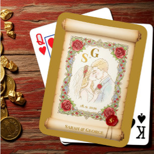 Küssen Mit Monogramm, Gold, Hochzeitscroll Spielkarten