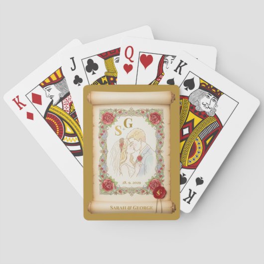 Küssen Mit Monogramm, Gold, Hochzeitscroll Spielkarten (Rückseite)