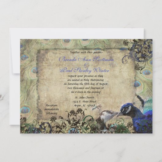 Küssen Pfau Vintage Hochzeit Einladung (Vorderseite)